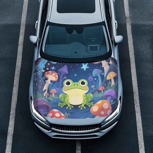 Image of Cartoon Frog Mushroom Car Hood Protector, Adorable Cute Frog Can be Washed Automotive Exterior Accessories for Car Hood Decoration and Protection(3X5FT) Mushroom Forest