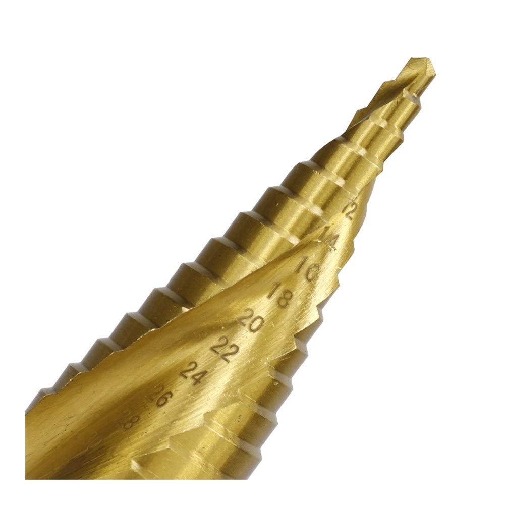 Broca escalonada, Broca cónica escalonada HSS, Broca for carpintería HSS Broca central con ranura en espiral Broca con núcleo recubierto de titanio Cuchillo con orificio redondo Cono escalonado (Color