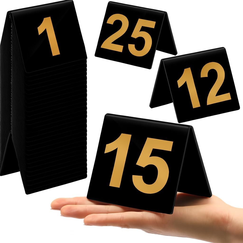 NiDevo Restaurant Table Numbers | Double-Sided Acrylic Tent Style Table Number Cards for Restaurant, Party, Banquet & Wedding Reception sign card sticker holder stand (Black/Golden, 11-20 Number)