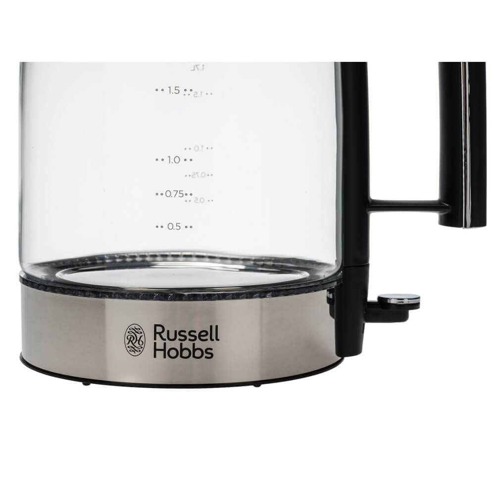 Russell Hobbs Hervidor de Agua Eléctrico Elegance - 1,7 litros, 2200W, Diseño de Cristal, Iluminación Azul, Filtro Extraíble, Base de 360°, Detalles en Acero Inoxidable, Plata - 23830-70