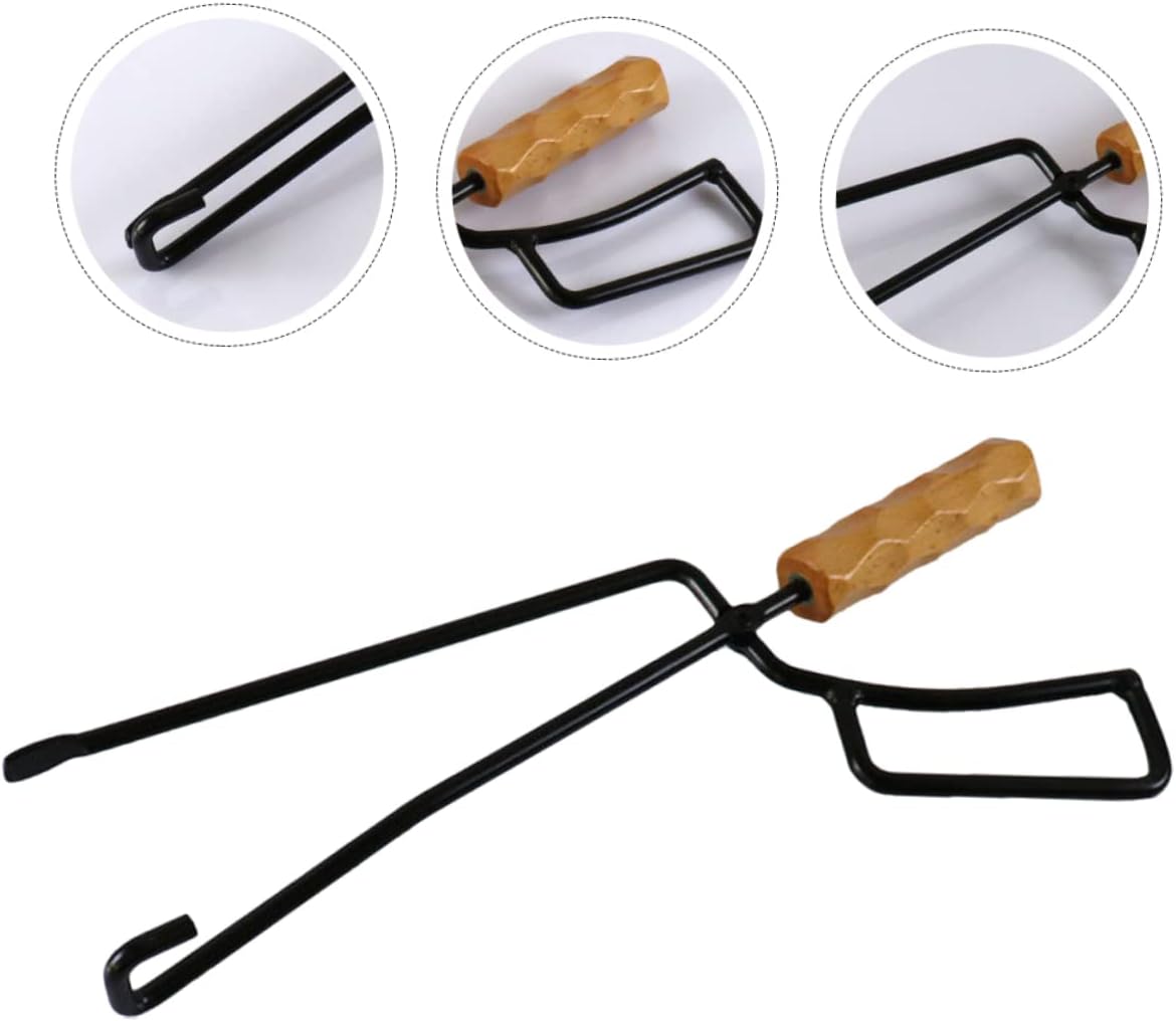 Portable Outdoor Fire Pit Tongs Charcoal Clamp with Beech Handle