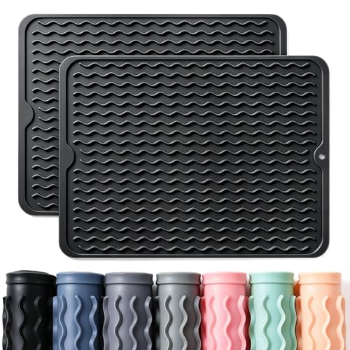 Image of 2 Pack Caketime Silicone Dish Drying Mat for Kitchen Counter Cooking Baking Coffee Bar Hot Pads Accessories Dining Home Essentials Under Sink Protector Organizers Stone Rack Trays Drain Black