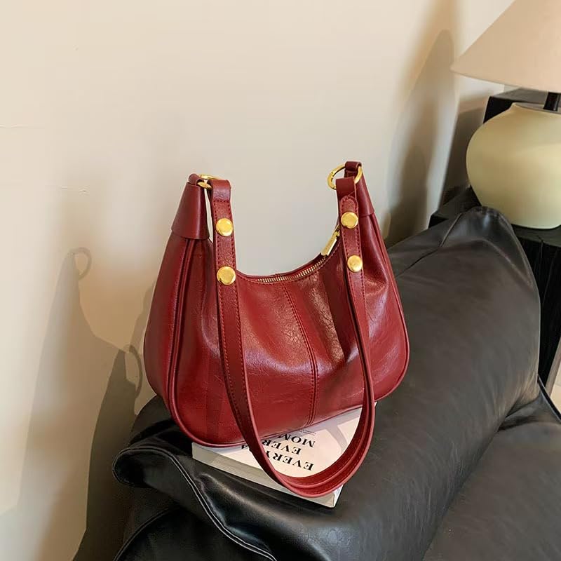 Image of Small Hobo Bags for Women Leather Shoulder Bag | Retro Crescent, Crossbody bag, Trendy Purses, Zipper