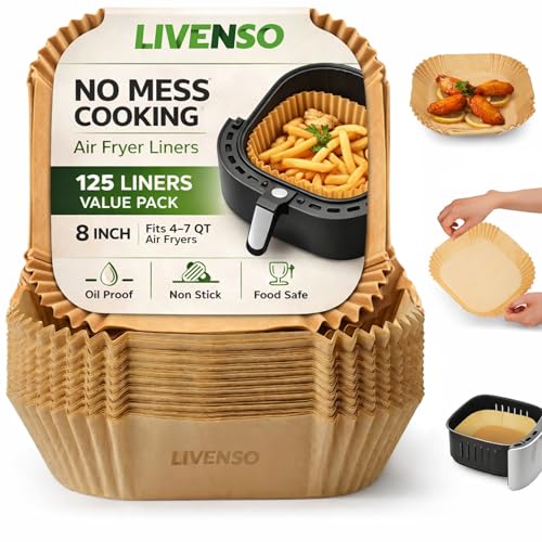 Image of Air Fryer Paper Liners 125 PCS - Disposable Airfryer Paper Sheets, Parchment Paper for Air Fryer, Non Stick Oil Proof Baking Paper Tray, 8 inch Square Liners for Frying, Baking & BBQ