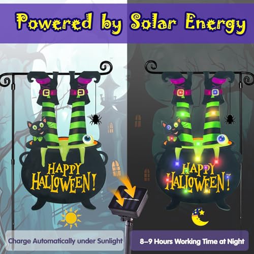 FLAGMESAGE Halloween Lighted Garden Flag for Outside, Led Solar Yard Flag 8 Modes Witch Feet Shape Flag, 12x18 Double Sided Cauldron Eyeball Black Cat Decorations for Home Porch の商品画像 1