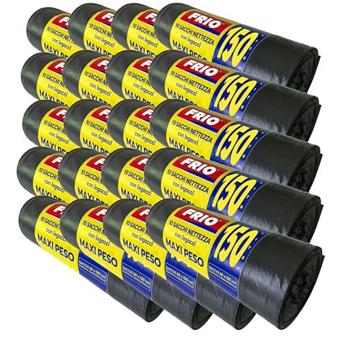FRIO - 200 bolsas de basura negras grandes, 150 litros, sacos para residuos comunitarios formato ahorro para cubo de reciclaje, con asas de cierre; bolsas de basura 80x120 cm, multicapa, resistentes