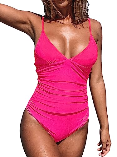 CUPSHE Damen Badeanzug V Ausschnitt Bauchweg Raffungen Triangel-BH Blumenmuster Einteilige Bademode Swimsuit Rosa/Deep Pink L