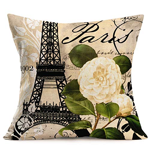Xihomeli Set Of 2 Throw Pillow Cushion Cover Paris Eiffel Tower Symbols With Floral Camellia Decorative Pillow Cases For Romantic Couple Gift Cotton Linen Pillow Cover 18" X 18" (2 Pack Tower Flower) #TOP1