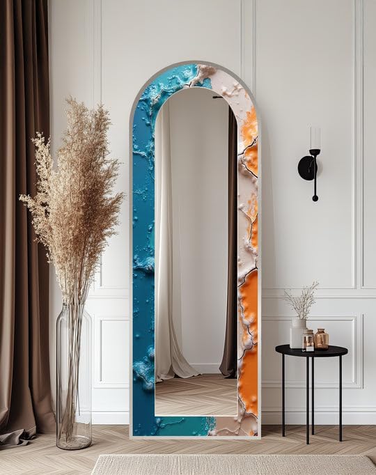23,5’’W x 67’’H AquaCrack Fusion – Abstract Floor Mirror Arched Full Lenght Mirror - Arch Full Body Stained Floor Mirror with Black Frame with Black Frame
