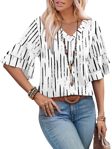Image of OFEEFAN Spring Tops for Women Boho Shirts Fashion Clothing Cute 3 /4 Length Sleeve Blouses Dressy Casual Summer Outfits