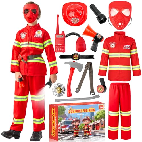 Lozzzyo Disfraz de Bombero para Niños Con Máscara, Casco de Bombero y Diversos Accesorios de Bombero Para Desfiles de Carnaval, Halloween, Cosplay y Fiestas Temáticas (130)