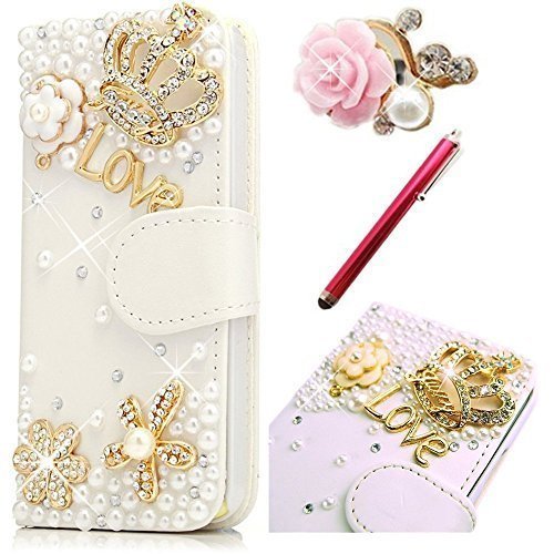 For Samsung Galaxy Grand Prime G530 Case,Vandot 3D Daimond Bling Crystal LOVE Heart Sparkle Glitter Rhinestone Diamond Flowers Wallet Magnetic Clasp Credit Card Holder Folio Cover Skin Shell