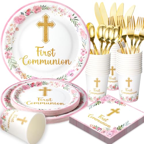 175 PCS First Communion Decorations for Girls - Pink First Communion Paper Plates and Napkins Party Supplies Serves 25 - God Bless Disposable Plate for Baby Shower Baptism Party Decorations