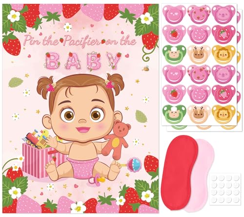 Pin The Pacifier On The Baby Game, Strawberry Baby Shower Decoration Include Sweet Poster Blindfold 36 Pacifier Stickers for Sweet Strawberry Birthday Party Decorations Baby Shower Activities Supplies