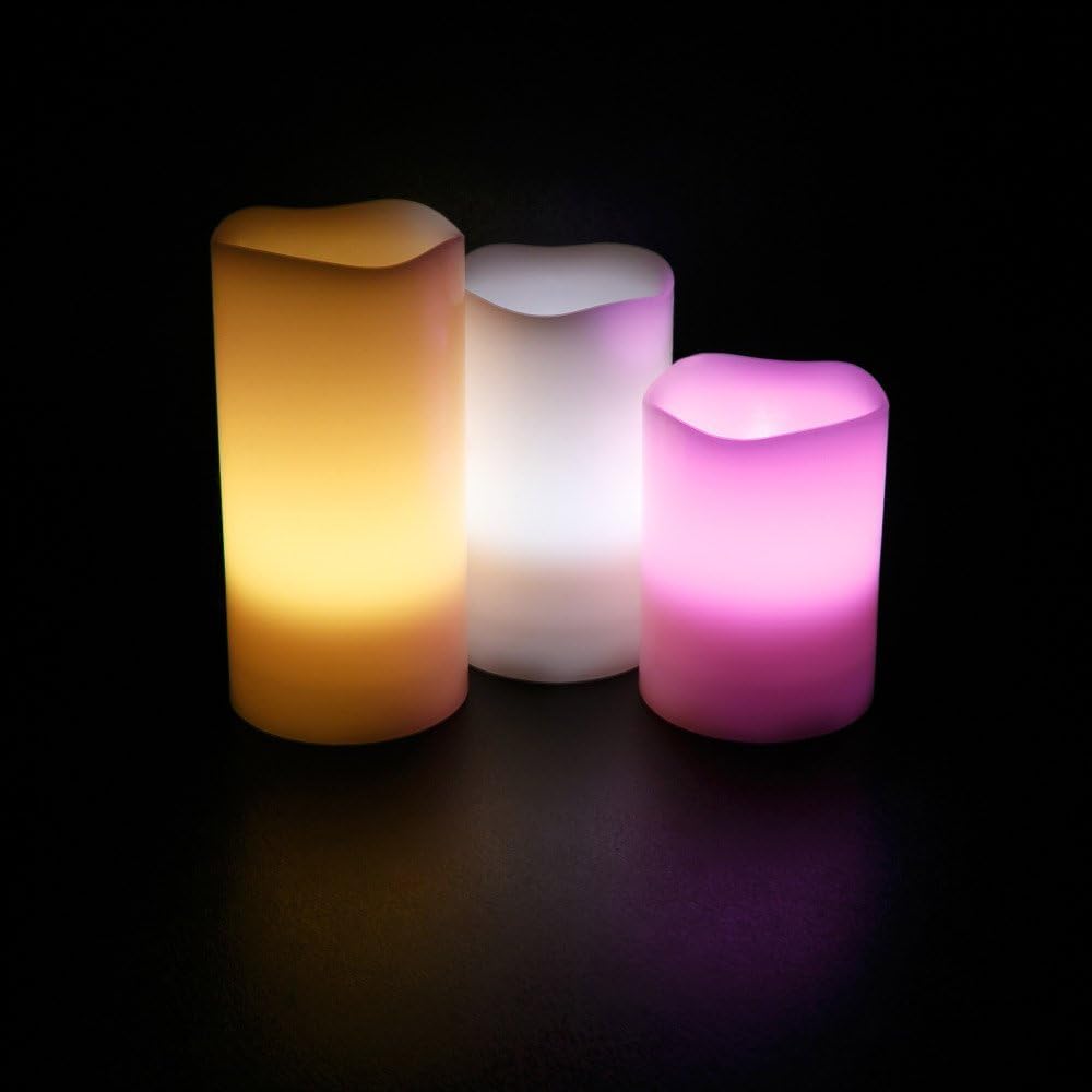 WYZworks Set of 3 LED Multi-Color Changing Real Wax Ivory Pillar Candles (4”, 5”, 6”) w/Remote Control, Realistic Flameless Flicker Mode, Battery Operated, Waterproof Accent Decor Home Lighting