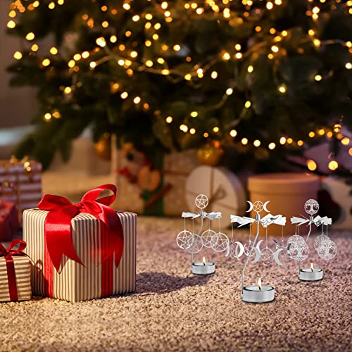 Spinning Tea Light Candle Holder, Silver Triple Moon Carousel Candle Spinner, Metal Rotating Witch Decor For Altar Tables, Rotary Tealight Display For Christmas, Valentine's Day, Party Decor, Gifts #TOP5