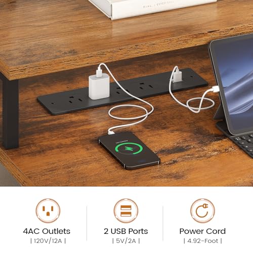 Image of SEDETA Home Office Desk with File Drawer & Power Outlet, 75'' Large Computer Desk with 5 Drawer, Storage Shelves, Monitor Shelf and Led Lights, 23.6 inch W Desktop Gaming Desk, Rustic Brown