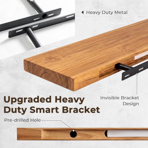 Image of Elm Floating Shelves for Wall - 20 in Rustic Solid Wood Shelves with Heavy-Duty Invisible Bracket, Wall-Mounted Wooden Shelf for Living Room, Bathroom, Kitchen Storage & Display, Set of 2, Natural