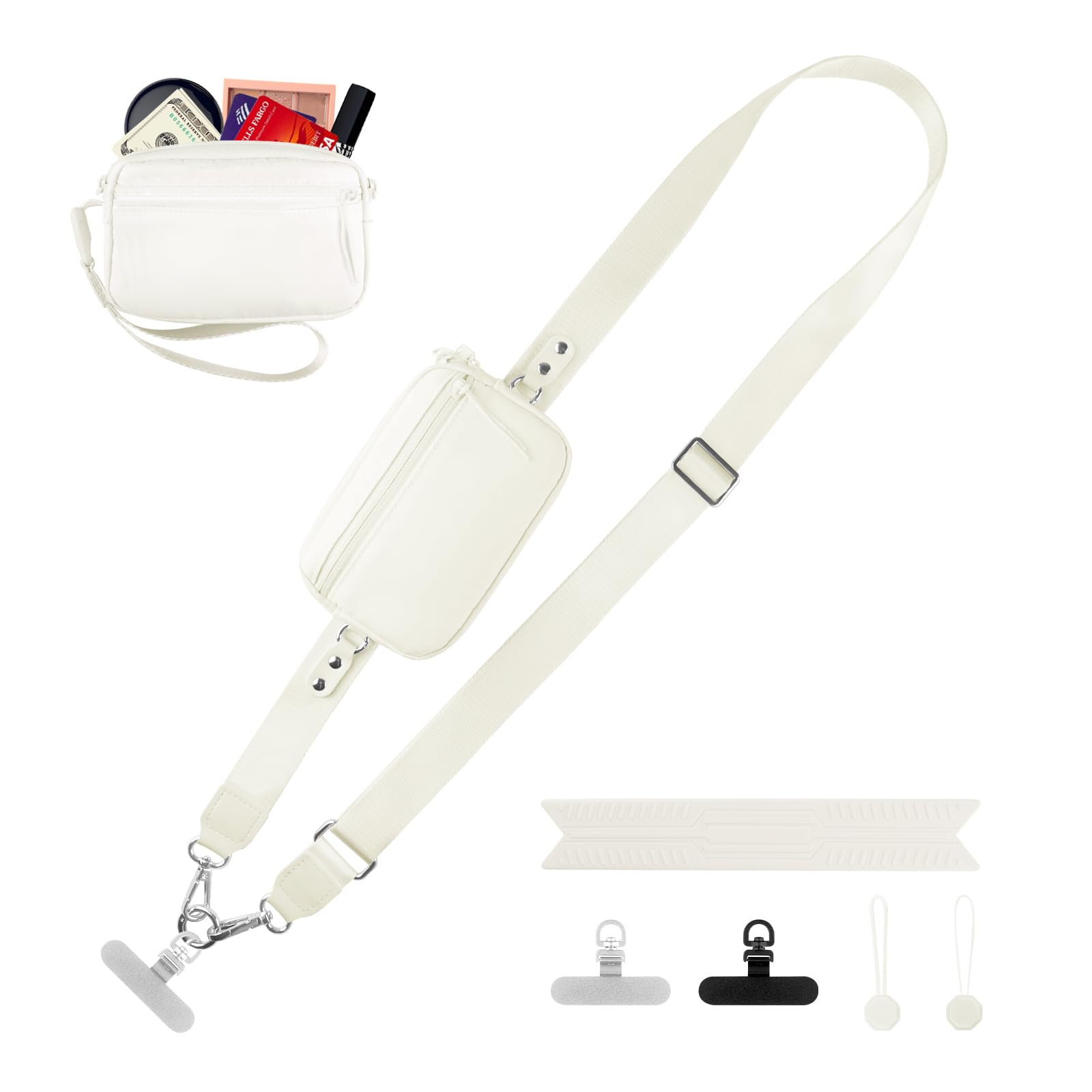 YFWE Handy-Gurt mit Geldbörse Crossbody | Abnehmbare RFID Blocking Armband Geldbörse | Universal Handy Lanyard mit 360° Drehbaren Clips für alle Smartphones (Cremeweiß)