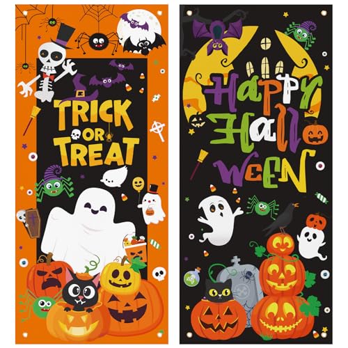 TaoBary 2 Pcs Halloween Door Covers Polyester Trick or Treat Happy Halloween Door Decorations Banner for Haunted House School Classroom Indoor Outdoor Windows Wall Fall Theme Party Decorations