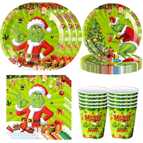 96 Piezas Vajilla de Papel para Fiestas Navideñas, con Platos de Papel, Vasos y Servilletas, Juego de Vajilla de Papels para Navidad, para Festivo Navidad Fiesta Decoración - 24 Invitados