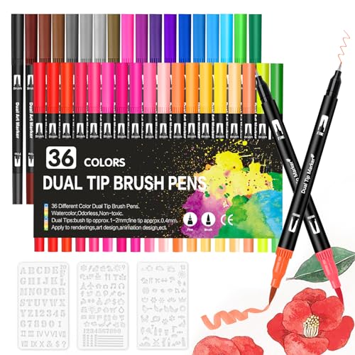 Hymarvo Rotuladores Lettering 36 Colores Rotuladores Punta Pincel Lettering Kit para Niñas Niños y Adultos, Doble Punta Rotuladores Acuarelables de Lettering Mandalas Caligrafía