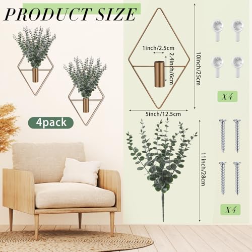 Image of Jexine Hanging Planters with Artificial Eucalyptus Metal Hanging Vase Indoor Plants Holder Modern Geometric Boho Bathroom Wall Decor for Living Room Home Office (Bronze,8 Pcs)
