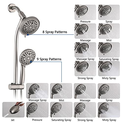 Uclimaa Rainfall Shower Head With Handheld Shower Spray, With 26" Drill Free Adjustable Height Slider Bar, High Pressure Dual Shower Head Combo, 3-Way Diverter For Easy Reach, 5Ft Hose-Brushed Nickel #TOP3