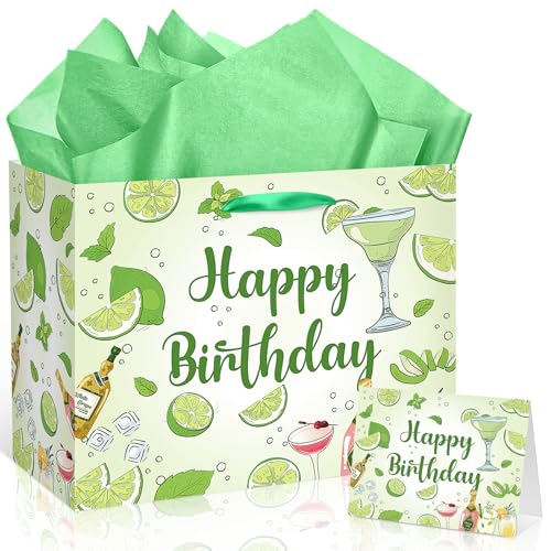 Margarita Party Decorations for Women Happy Birthday Gift Bag Martini Theme Birthday Wrapping Paper with Tissue Paper Greeting Card Green Gift Bags with Ribbon Handle for Baby Shower Decor Supplies