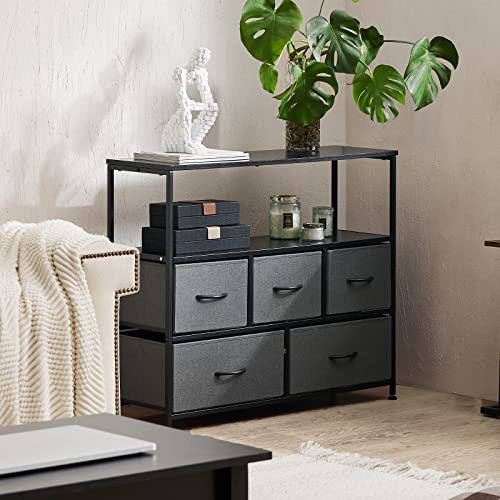 Image of NEWBULIG Dresser,Dresser with 5 Fabric Drawers,Chest of Drawers,Storage Tower, TV Stand Organizer Storage for Bedroom Living Room Hallway, Easy Pull Fabric Bins,Wooden Top, Sturdy Steel Frame,Black
