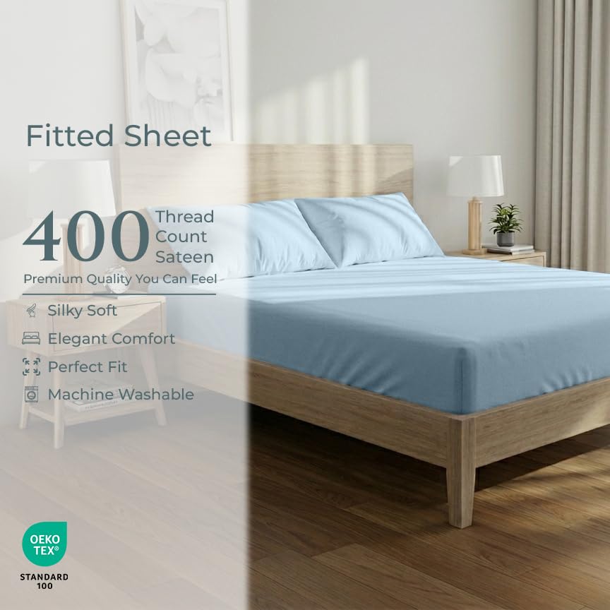 Image of Royale Linens 400 Thread Count Full Fitted Sheet Only - 100% Cotton Full Bed Fitted Sheet - Luxury Sateen Weave - Elastic Deep Pocket Fitted Sheet - Soft Bottom Sheets - Fit Up To 16 inch (Caribbean Blue)