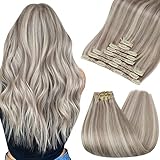 Ugeat Extension Haare Clip Haarverdichtung Echthaar Clips 55cm P20/60 Schmutzige Blondine mit Platinblonde Gesträhnt Extension Echthaar Clips Echthaar 120Gramm 8Stück Echt Haarextension Clips