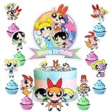 25Pcs Power Girls Cake Decorations with 24pcs Cupcake Toppers, 1pcs Cake Topper for Girls Birthday Party Supplies