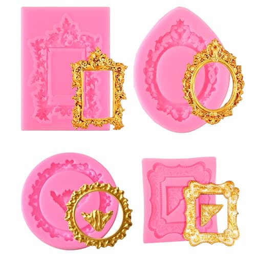 Shimmeroo 4Pcs Picture Frames Silicone Mold, Photo Frame Fondant Baroque Style Frame Molds for Cupcake Topper Cake Decoration Chocolate Candy Clay Gum Paste