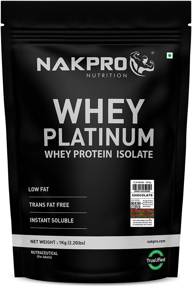 NAKPRO PLATINUM 100% Whey Protein Isolate | 28g Protein, 6.36g BCAA | Easy Mixing, Low Carbs, Easy Digesting Whey Protein Supplement Powder for Men, Women & Athletes (1 Kg, Chocolate)