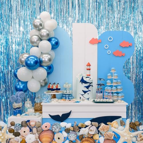 Image of GOER 3.2 ft x 9.8 ft Metallic Tinsel Foil Fringe Curtains Party Photo Backdrop Party Streamers for Birthday,Graduation,New Year Eve Decorations Wedding Decor (Light Blue,5 pcs)