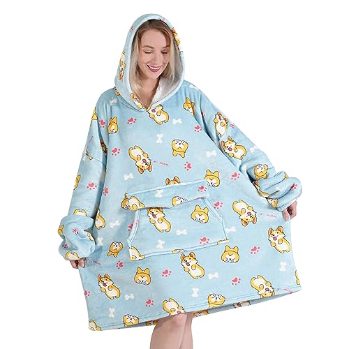 Fiosnow Corgi Blanket Hoodies for Women and Men Adult Oversize Wearable Blanket Hoodies for Soft and Warm