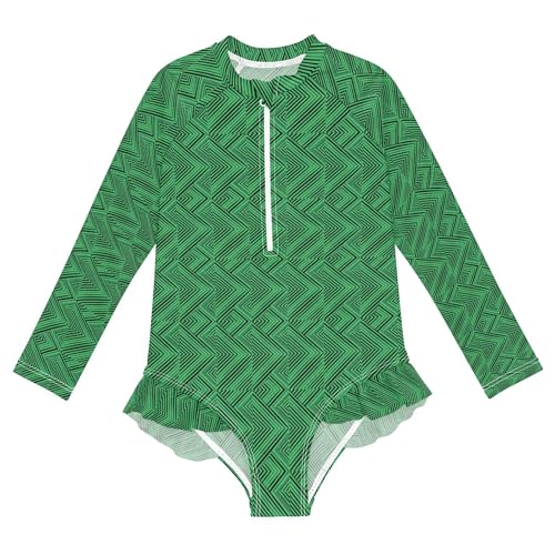 Green and Black Squares Girls Long Sleeve Rashguard Swimsuit UV Protection One-Piece Swimwear Bathing Suit B0405042