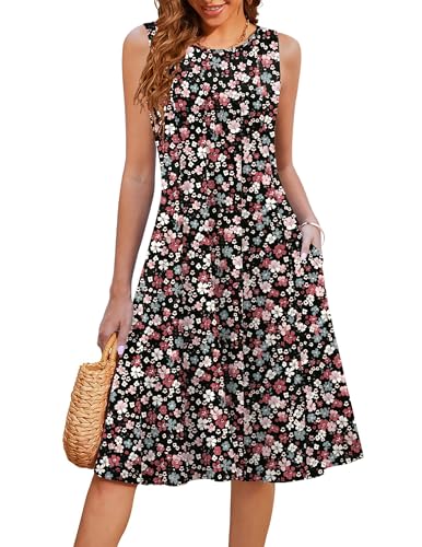 Image of HOTOUCH Summer Casual Dresses for Women Sleeveless Midi Dress Swing Tank Sundress Pleated Tshirt Dress with Pockets