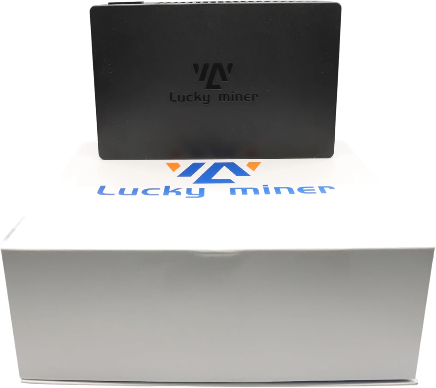 Bitmini Lucky Miner LV08 unit positioned in front of its white product box.