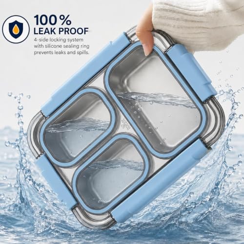Image of Sanghariyat Bento Pro Lunch Box 710ml, 3 Compartment Stainless Steel Lunch Box with 100% Leak-Proof, BPA-Free Food-Grade Lunch Container with Spoon & Pair of Chopsticks for School Kids - Sky Blue