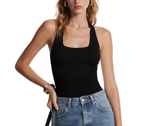 Women Halter Backless Tank Tops Sexy Halter Neck Double Line Cute Y2k Summer Going Out Crop Tops Trendy Camisole Shirts(Black,Large)