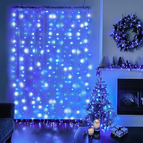 Image of JMEXSUSS 300LED Christmas Curtain Lights Plug in, Blue and White, 9.8x9.8ft