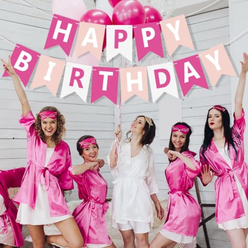 Image of Happy Birthday Banner Sign, Birthday Garland Wall Door Hanging Banners Flag for Women Men Boys Girls Party Backdrop Decorations, Personalized Name Banner White Letters Pink and White