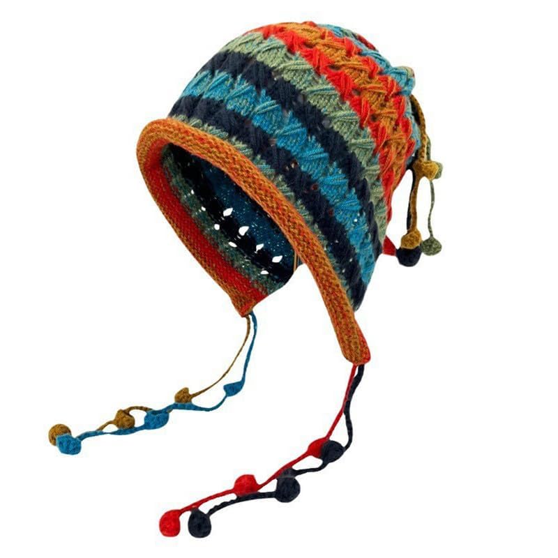 CORIRESHA Women's Colorful Handmade Crochet Beanie Tassel Ear Flaps Knit Hat with Pom Pom
