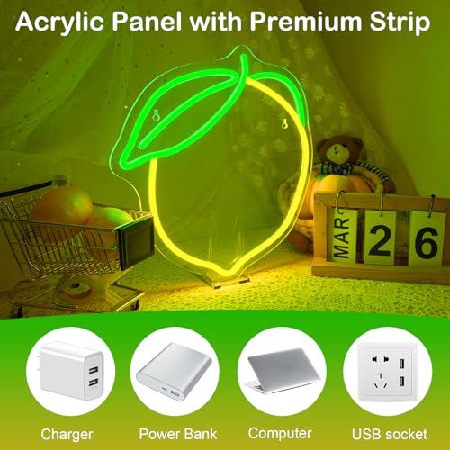 Image of Lemon Neon Sign Lemons Yellow Led Sign Fruit Shape Neon Light for Apartment, Bar, Kids' Room,Bedroom,KTV Pub, Shop Wedding, Celebration (12.6 inch*11 inch)