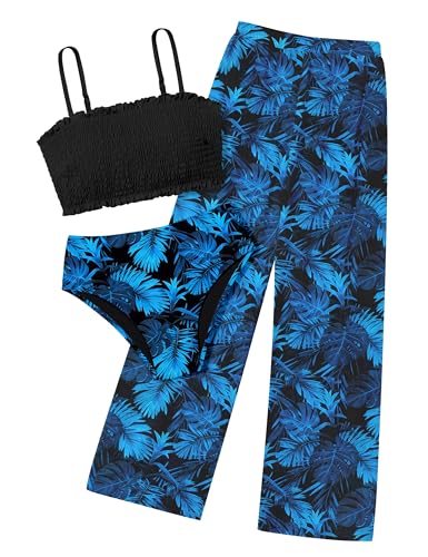 Image of NECIOUS Girls Swimsuit, 3 Piece Bikini Bathing Suit Tropical Floral Swimwear with Cover Up Pants 7-16Y