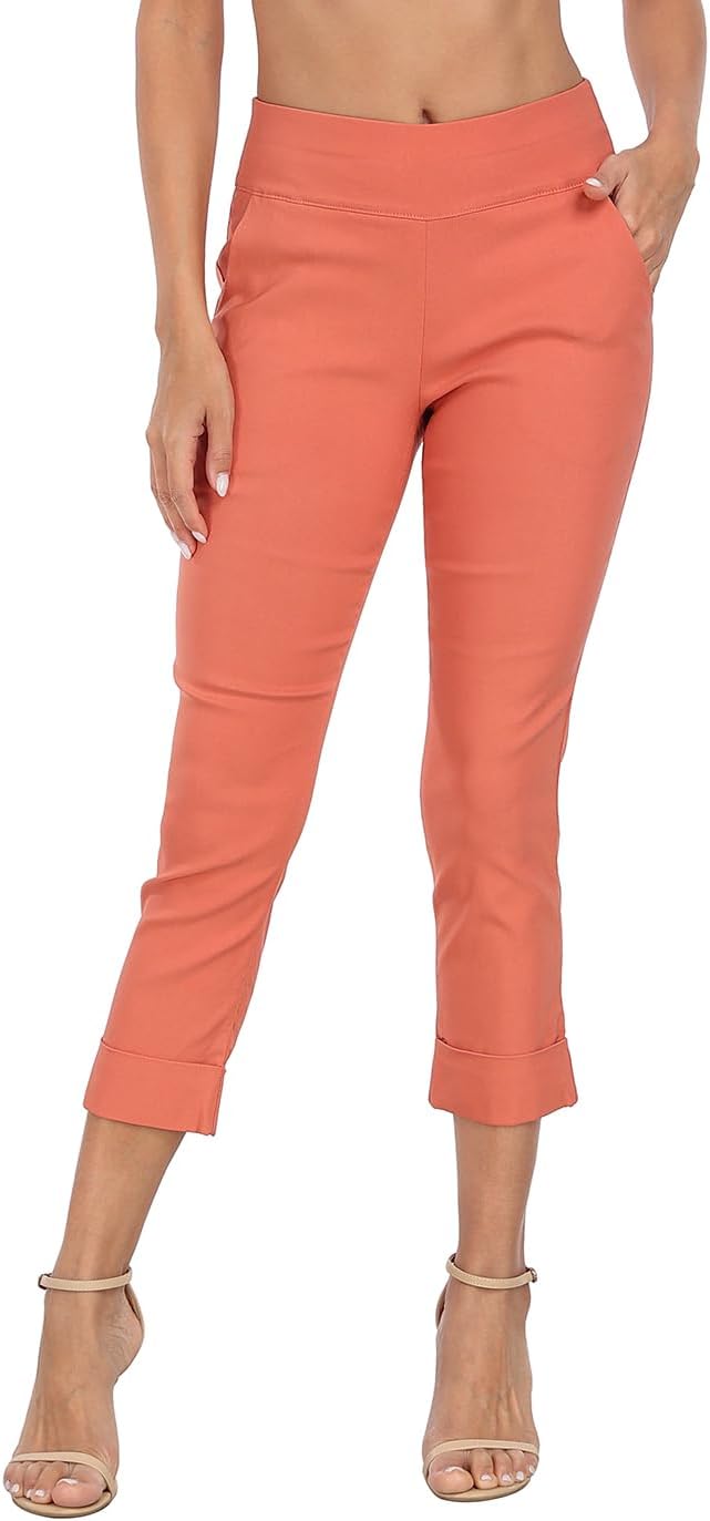 HDE Pull On Capri Pants for Women with Pockets Elastic Waist Cropped Work Pants