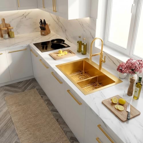 LQS Gold Kitchen Sink 33x22 33 Inch Drop In Kitchen Sink Double Bowl Handmade Deep & Large Stainless Steel Kitchen Sink with Low-Divider