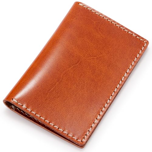 Image of HISCOW Italian Full Grain Leather Slim Card Holder, Minimalist Vegetable Tanned Leather Business Card Case for Men, Ultra-Thin Bifold Front Pocket Wallet, Cognac